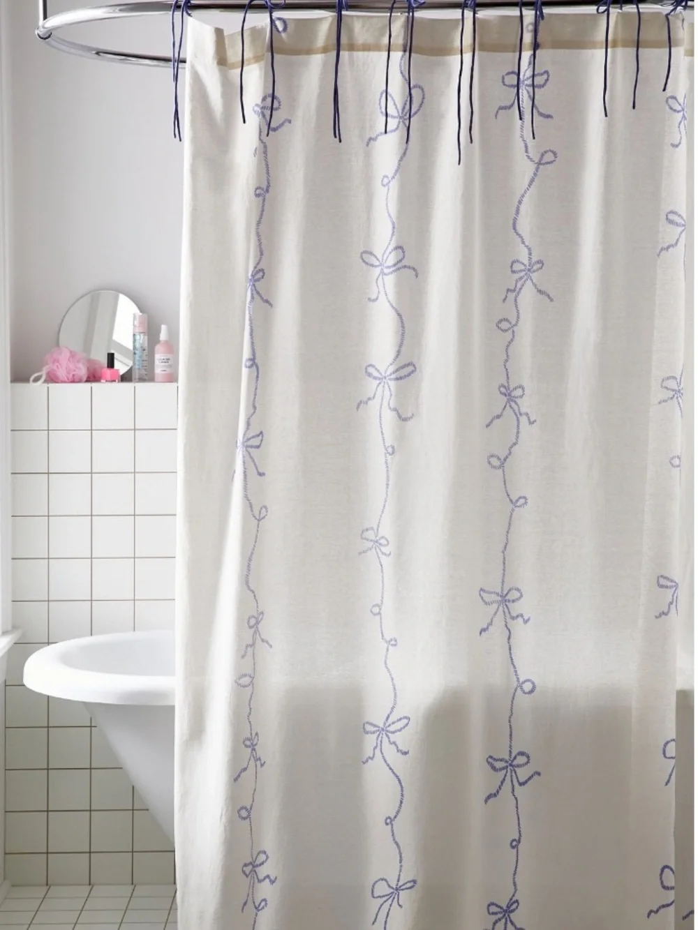 Urban Outfitters Printed Cotton White and Blue Bows Shower Curtain NEW NWT